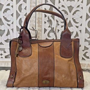 FOSSIL Vintage Reissue BROWN & TAN Leather Satchel Shoulder Handbag Medium-Large